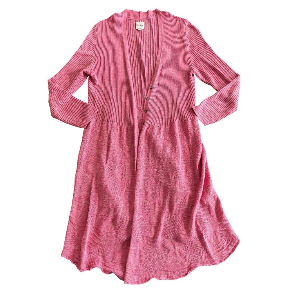 Nic + Zoe Women's pink space dye ribbed long cardigan sweater, linen blend, M